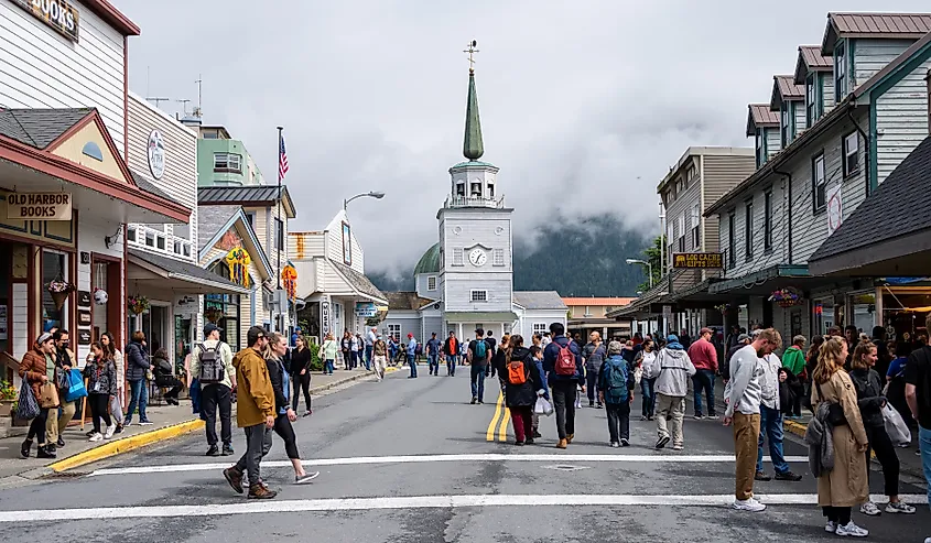 View of the historic Main Street in Sitka, Alaska. 