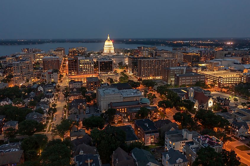 Aerial View of the Madison, Wisconsin Skyline at Dusk