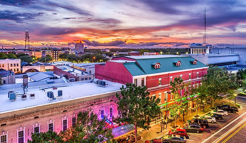 Gainesville, Florida, USA downtown cityscape at dusk