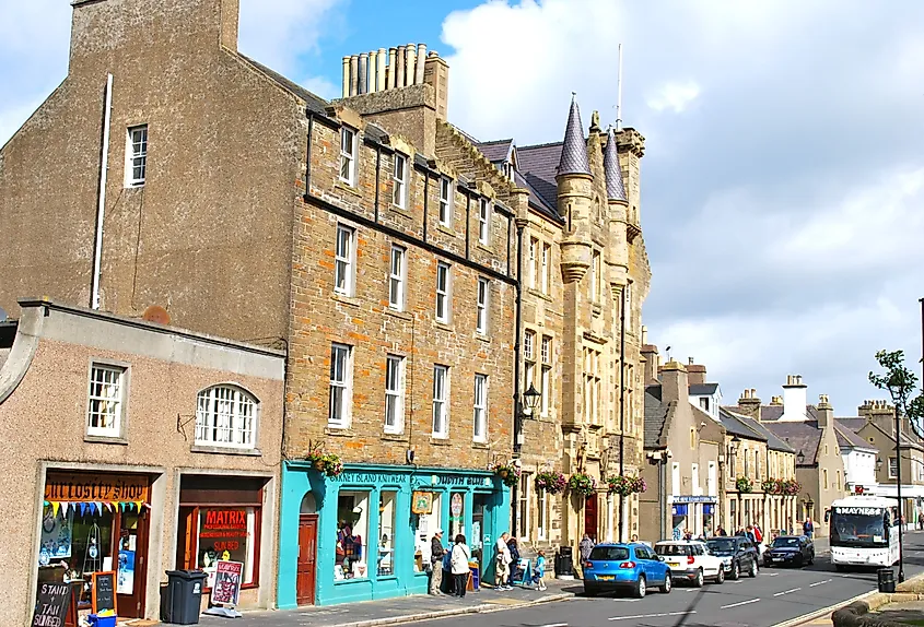 Downtown street in Kirkwall, Orkney Islands, Scotland.