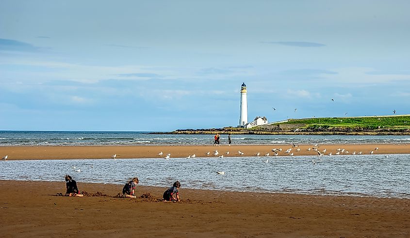 The beach with the lighthouse in Montrose, Scotland.