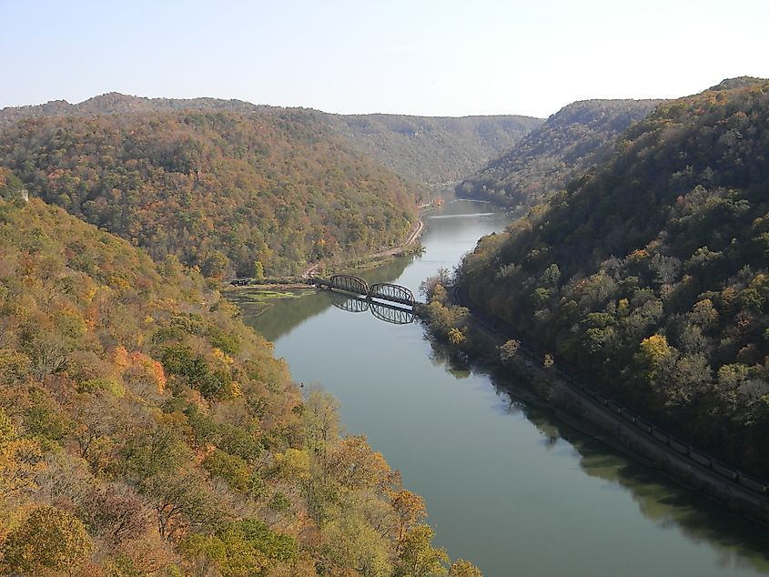 A scenic view of the New River Gorge from Lovers' Leap in Hawks Nest State Park, Ansted, West Virginia