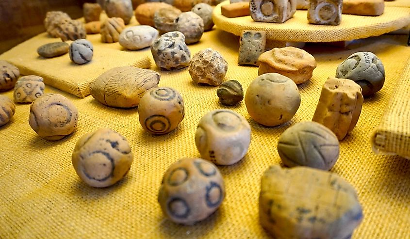 "Poverty Point Objects" or PPOs on display at Poverty Point World Heritage Site. The fired earth objects were used in cooking. When placed in earth ovens, the objects held heat.