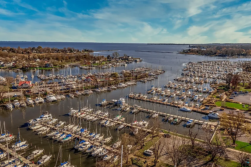 Scenic aerial panorama of Deale waterfront docks on the Western Shore of Chesapeake Bay, Maryland.