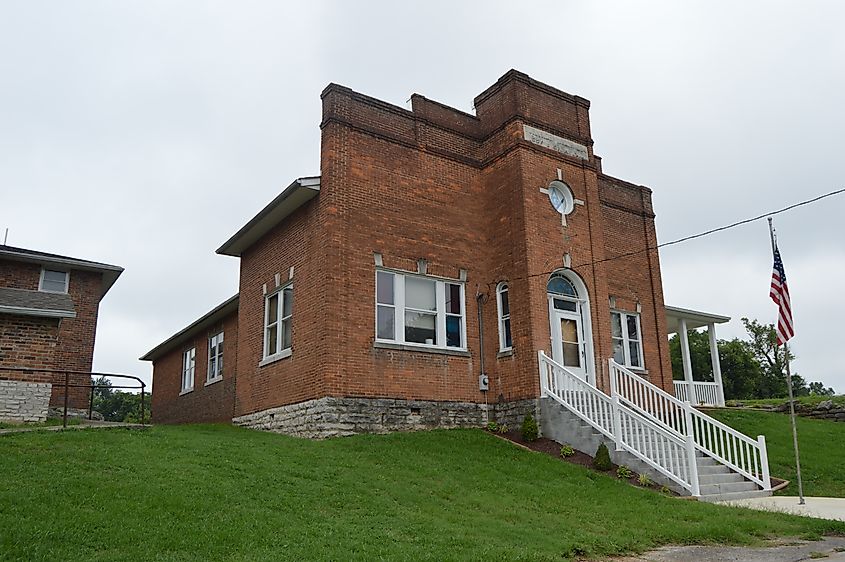 Front and south side of the Burnside Masonic Lodge on Central Avenue in Burnside, Kentucky, built in 1910 and listed on the National Register of Historic Places