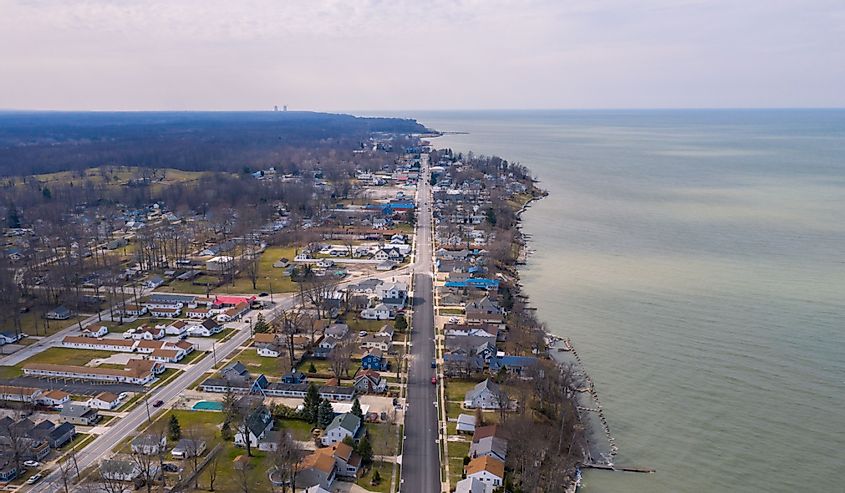 Aerial View Of Lake Erie Coastal Town, Geneva On The Lake Ohio.