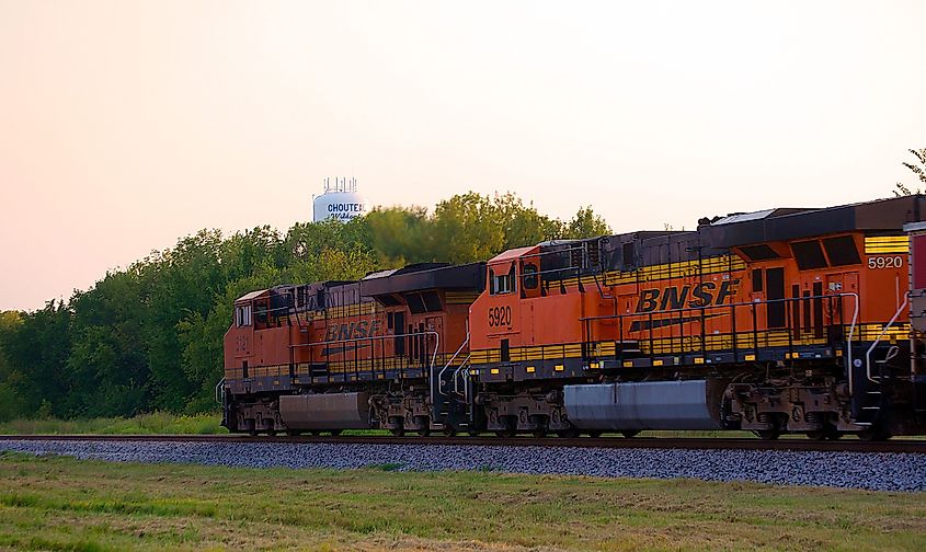 A train passes through Chouteau, Oklahoma
