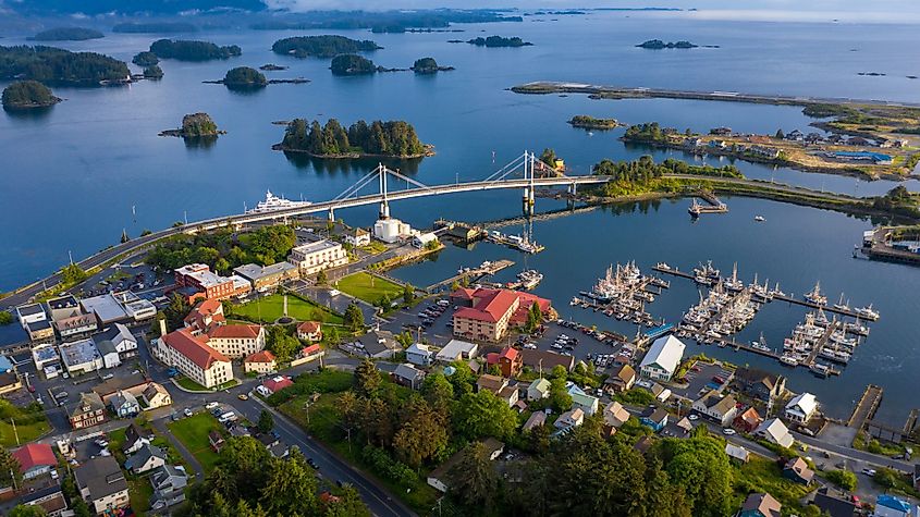 Aerial view of downtown Sitka, Alaska at sunset.