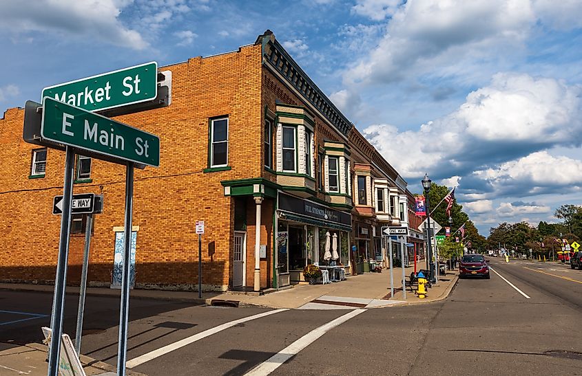 Buildings along a street in Westfield, New York.