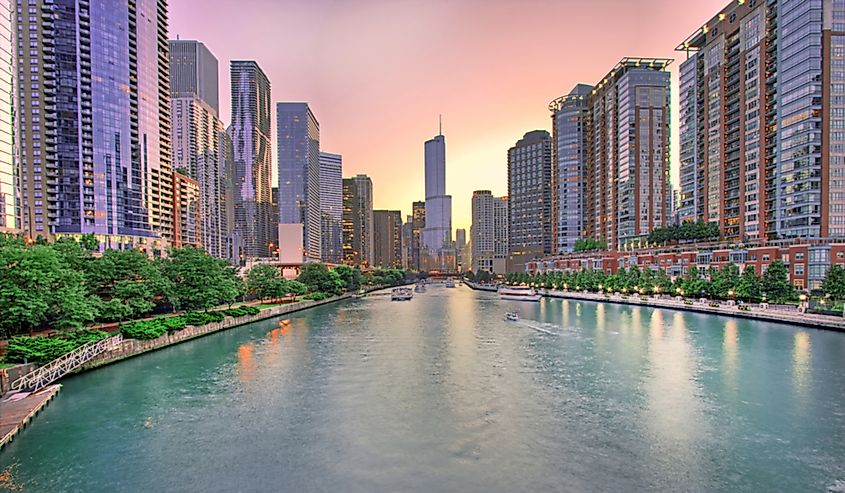 The Chicago River flowing through the city of Chicago, Illinois.