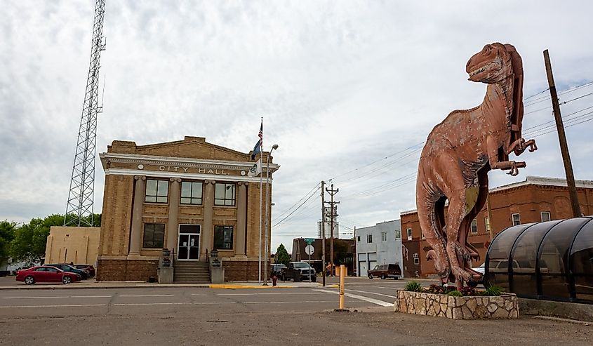 Glendive, Montana, a dinosaur next to city hall.