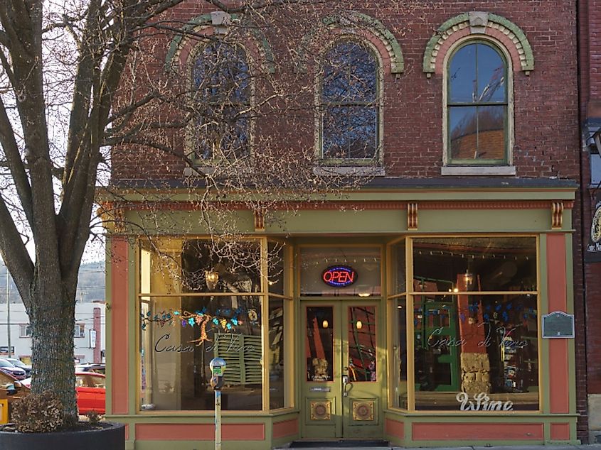 The 1881 Romantic Revival style Flaccus Bros. Building and historic marker in the Centre Market Square Historic District, now home to Casa di Vino in Wheeling, West Virginia.