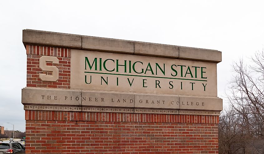 Michigan State University’s sign at its campus in East Lansing, Michigan, USA