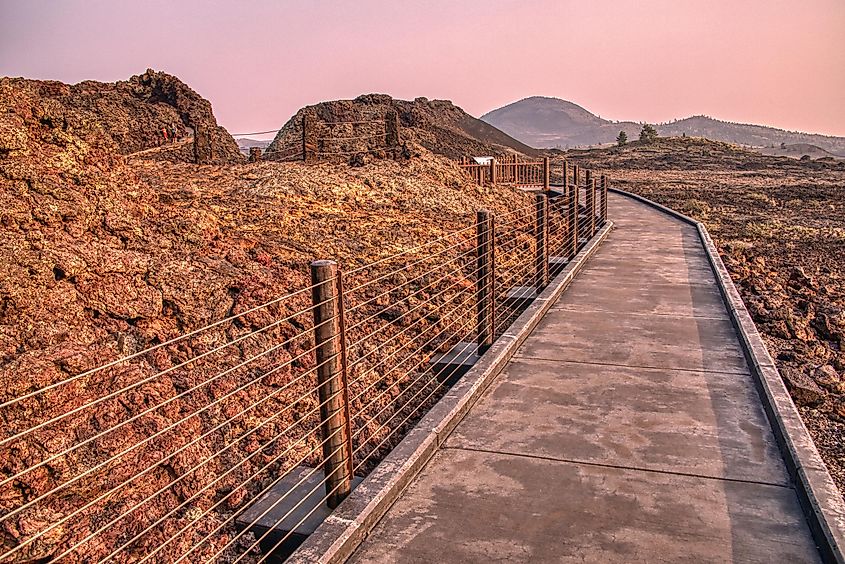 A boardwalk through the Craters of the Moon National Monument and Preserve.