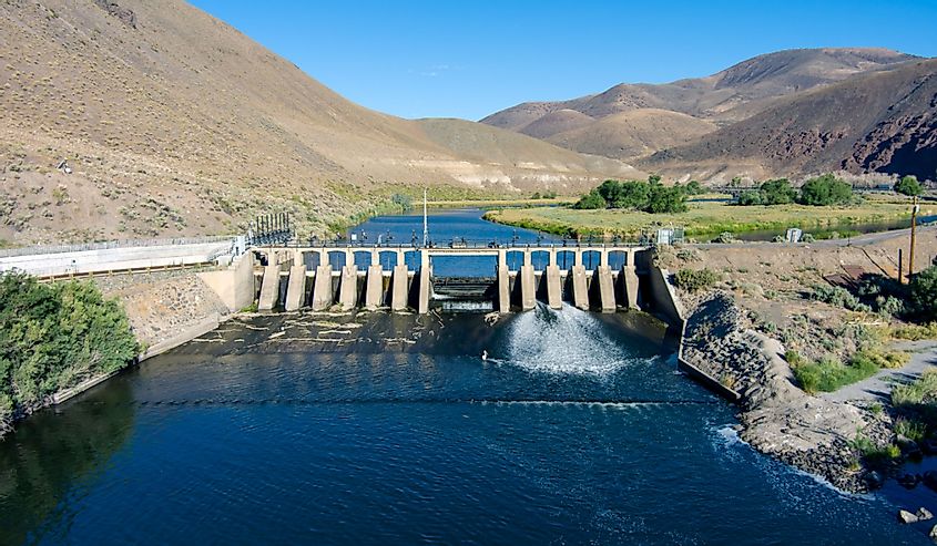 Aerial view of the Derby Dam on the Truckee River east of the Reno Sparks area in Northern Nevada.