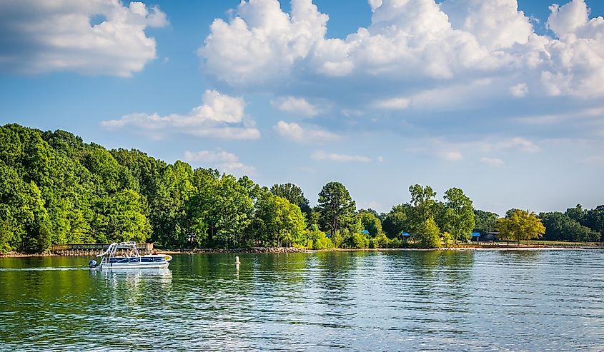 Boat in Lake Norman, seen from Jetton Park, in Cornelius, North Carolina.