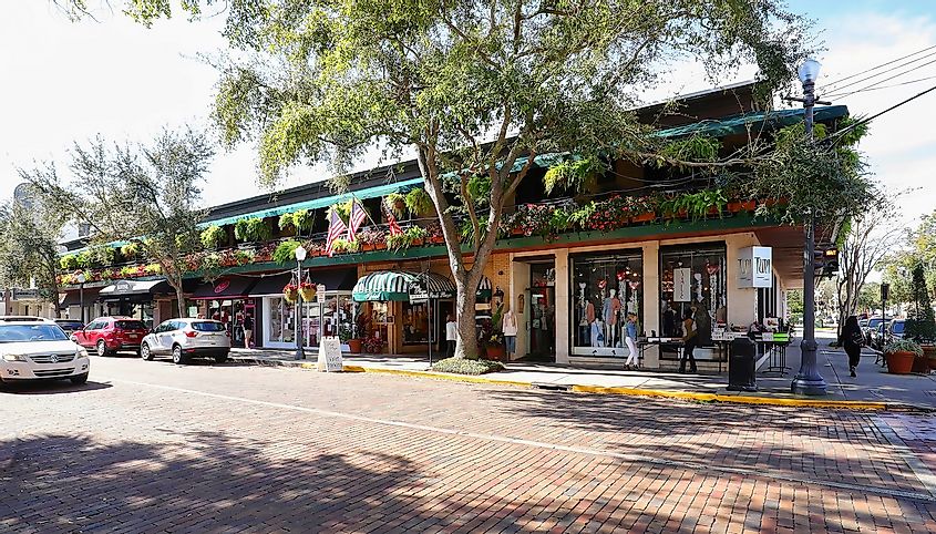 Retail stores on South Park Avenue in downtown Winter Park, Florida.