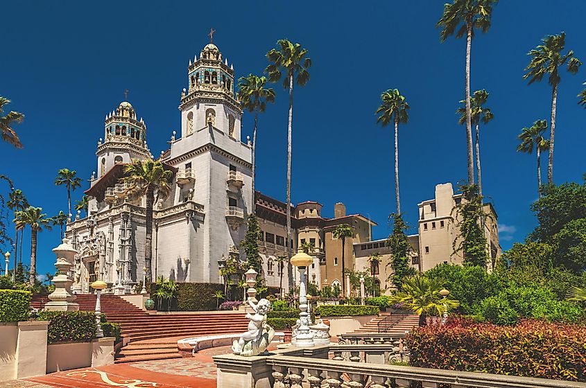 Exterior view of Hearst Castle, William Randolph Hearst's extravagant coastal hilltop estate, via Abbie Warnock-Matthews / Shutterstock.com