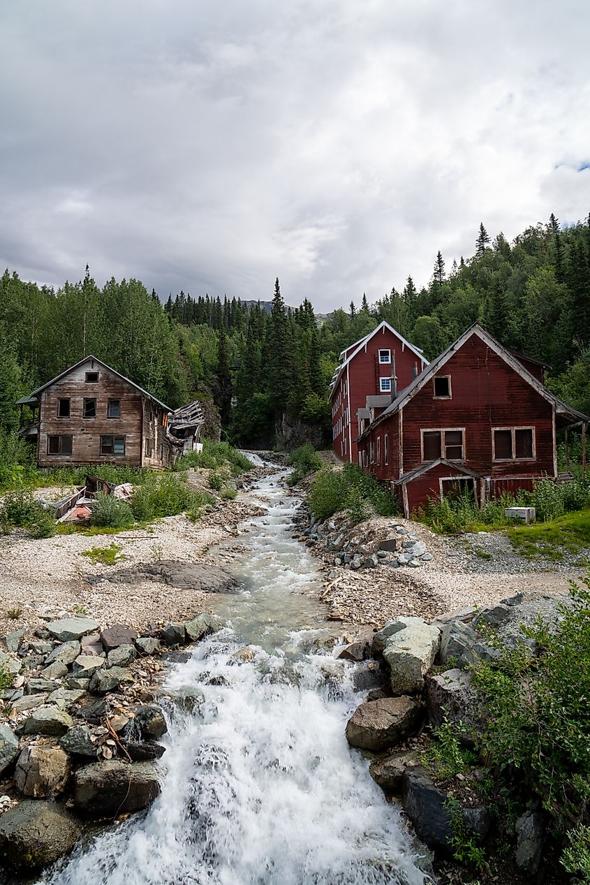 Rushing river creek running through the abandoned Kennecott Mine in McCarthy Alaska in Wrangell St Elias National Park