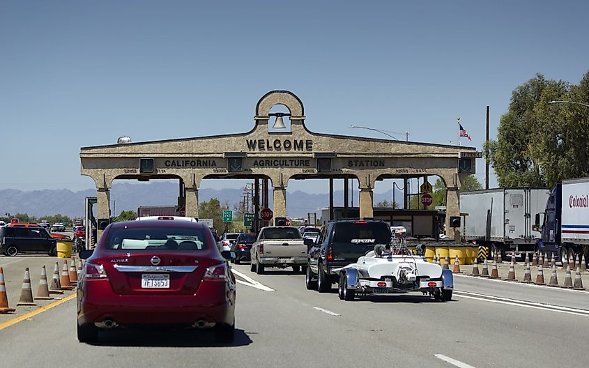 Cars lined up at California Agriculture Control near the Arizona-California border crossing on Interstate-10 in Blythe.