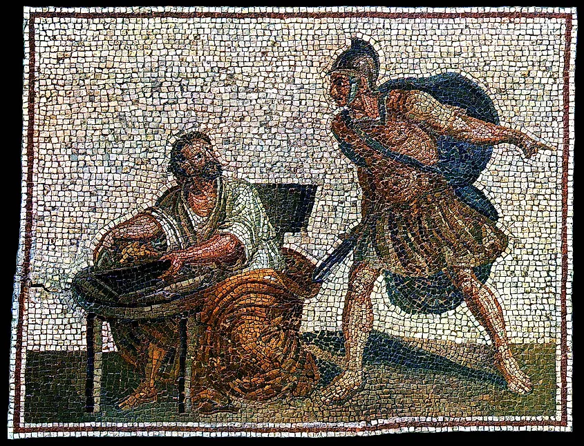 Archimedes before being killed by the Roman soldier - copy of a Roman mosaic from the 2nd century