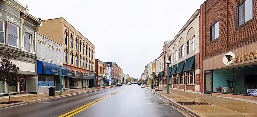 The old business district on Main Street in Adrian, Michigan.