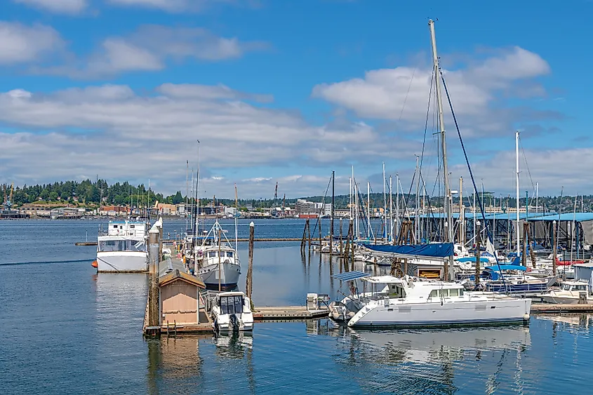 Port Orchard marina boats docked and the surrounding landscape Washington state.