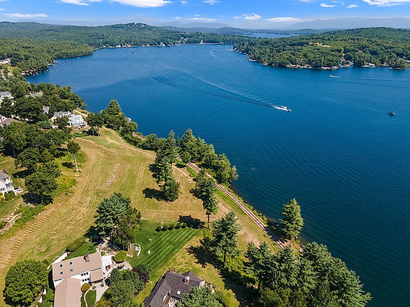 An aerial view of Lake Winnipesaukee in New Hampshire, USA.