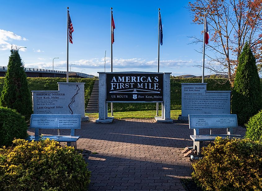 Historic marker of America's First Mile on US Route 1 in Fort Kent Maine
