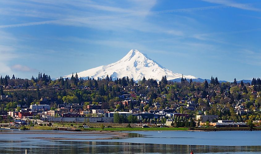 View of Mount Hood and the city of Hood River in Oregon. 