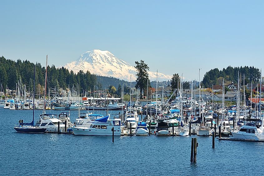 Gig Harbor, Washington, with Mount Rainier in the background.