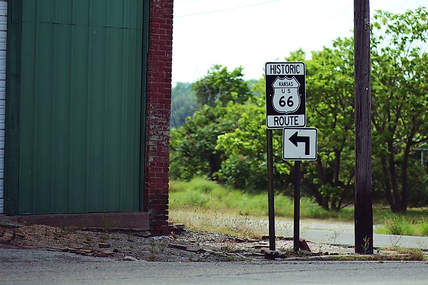 A sign for Route 66 on the edge of the town of Chenoa, Illinois.