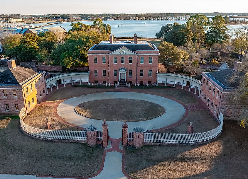 Aerial view of the Historic Governors Palace Tryon Place in New Bern, North Carolina.