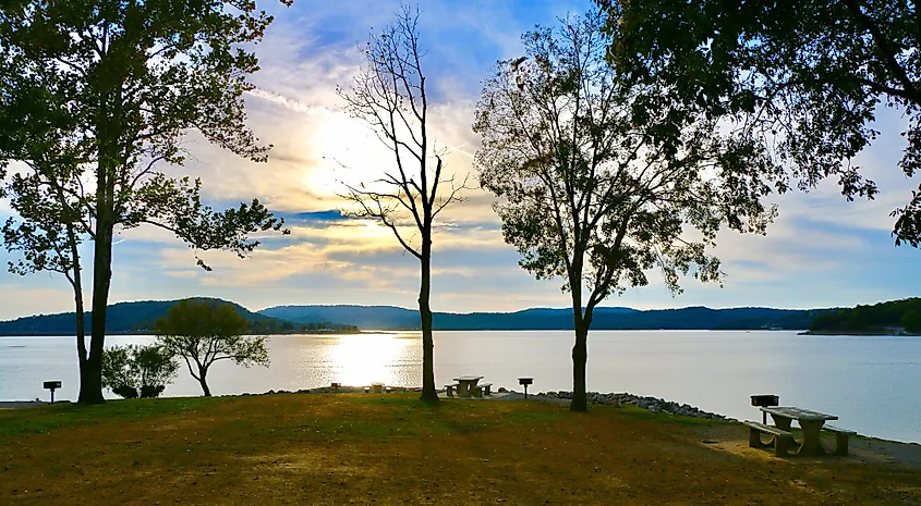 Clear water and forested shoreline along Bull Shoals Lake in northern Arkansas