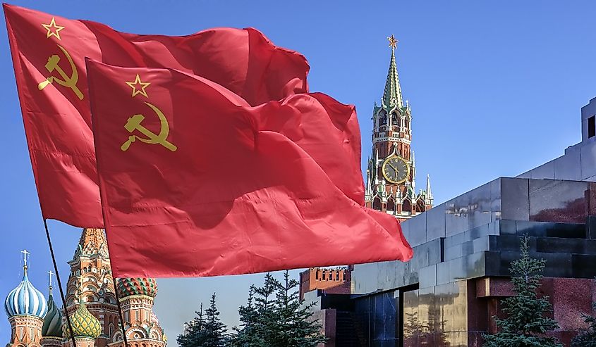 The flag of the Soviet Union (USSR) waving in the wind.