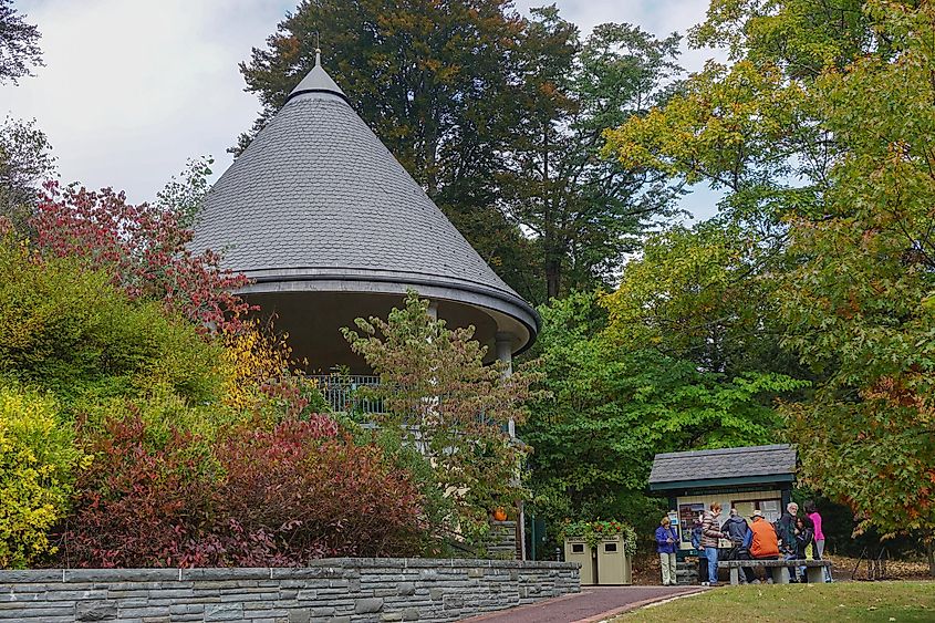 Visitors at the entrance to Grey Towers, the former home of Gifford Pinchot, which is now a National Historic Site in Milford, Pennsylvania.