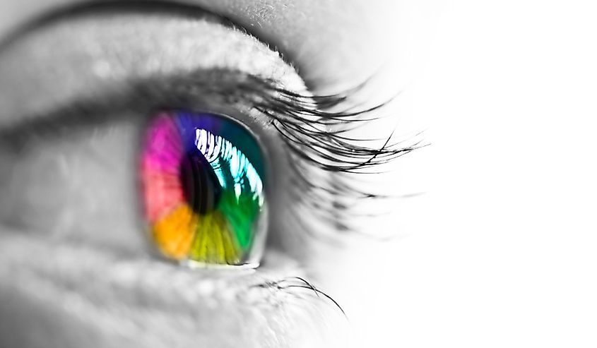 Girl colorful and natural rainbow eye on white background