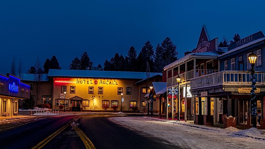 McCall hotel and main street at night with snow on the ground, McCall, Idaho, USA.