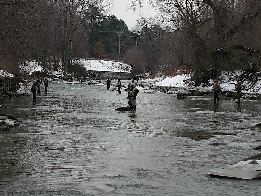 Fishermen on Walnut Creek in Erie County, Pennsylvania during the winter.