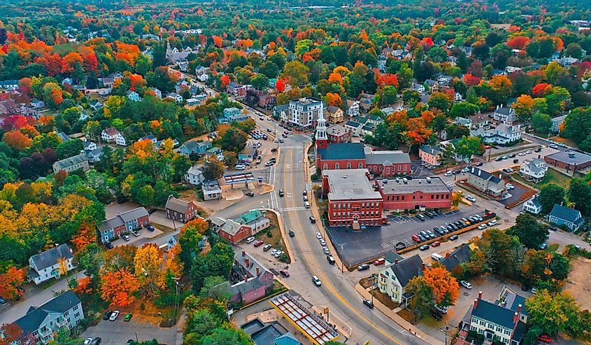 Aerial Drone Photography Of Downtown Dover, New Hampshire, during The Fall Foliage