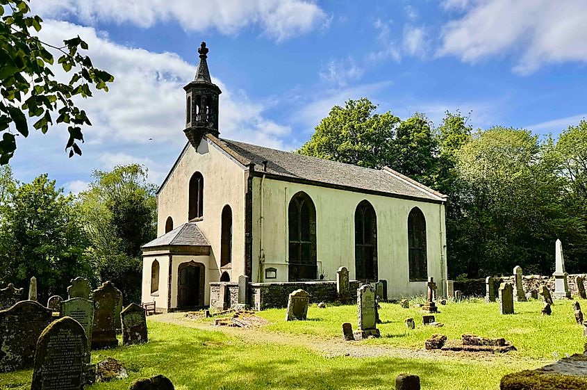 Monzie Parish Church and its walled kirkyard, Perthshire, Scotland.