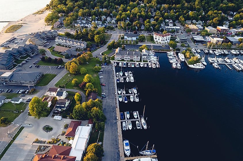 An aerial view of the harbor in Frankfort, Michigan