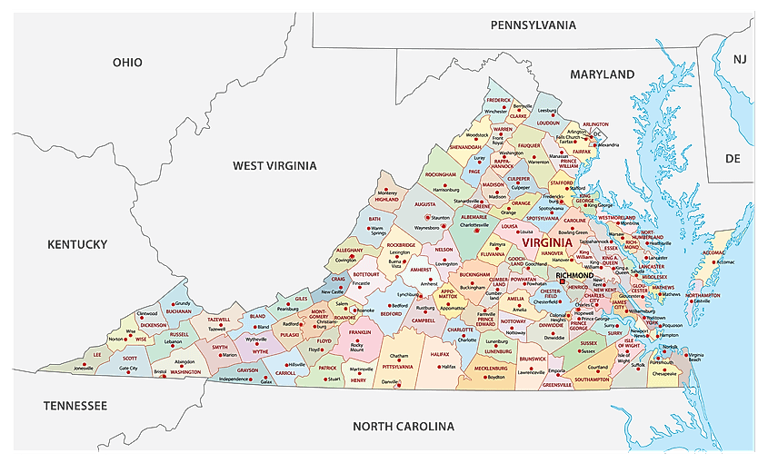Map showing the counties and independent cities of Virginia