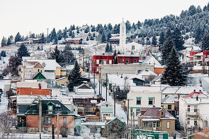 Quaint winter residential neighborhood in Butte, Montana.