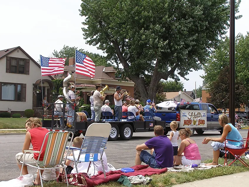 A band playing during the Bavarian Blast Parade in New Ulm, Minnesota.