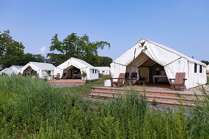 Row of luxury camping tents on Governors Island, New York