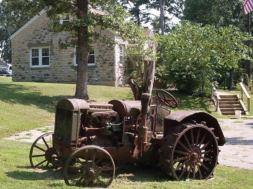 Old tractor displayed by the Ava Ranger Station Historic District.