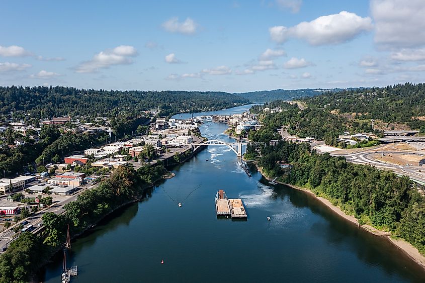 Aerial drone picture of Oregon City Arch Bridge over the Willamette River.