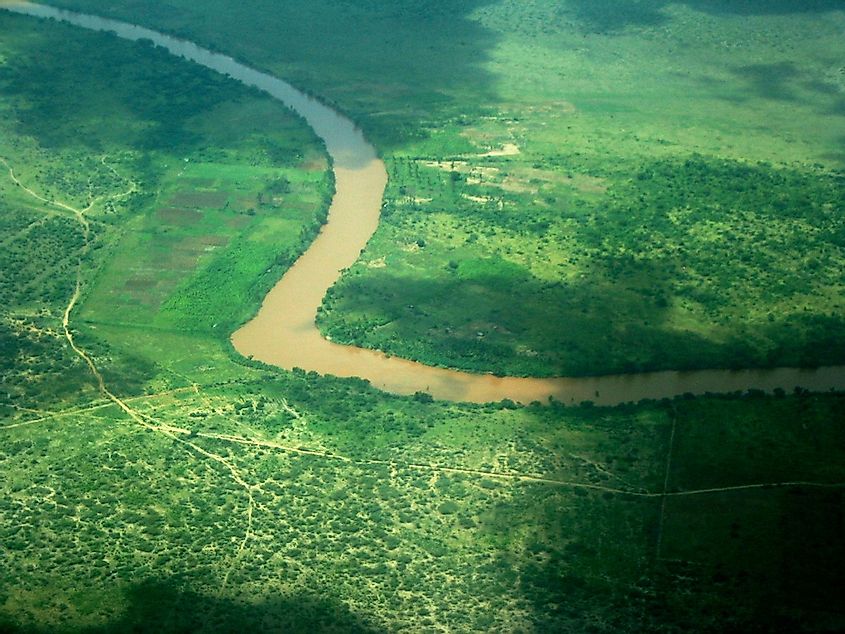 Aerial view of the Jubba river downstream from Jamaame, Somalia