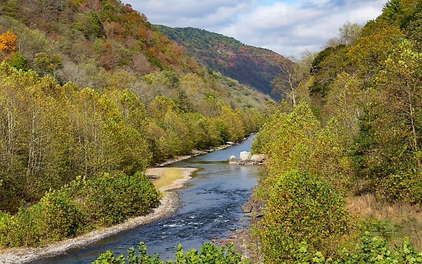 The Trough section of the South Branch of the Potomac River as seen from the Potomac Eagle Scenic Railroad out of Romney, West Virginia.